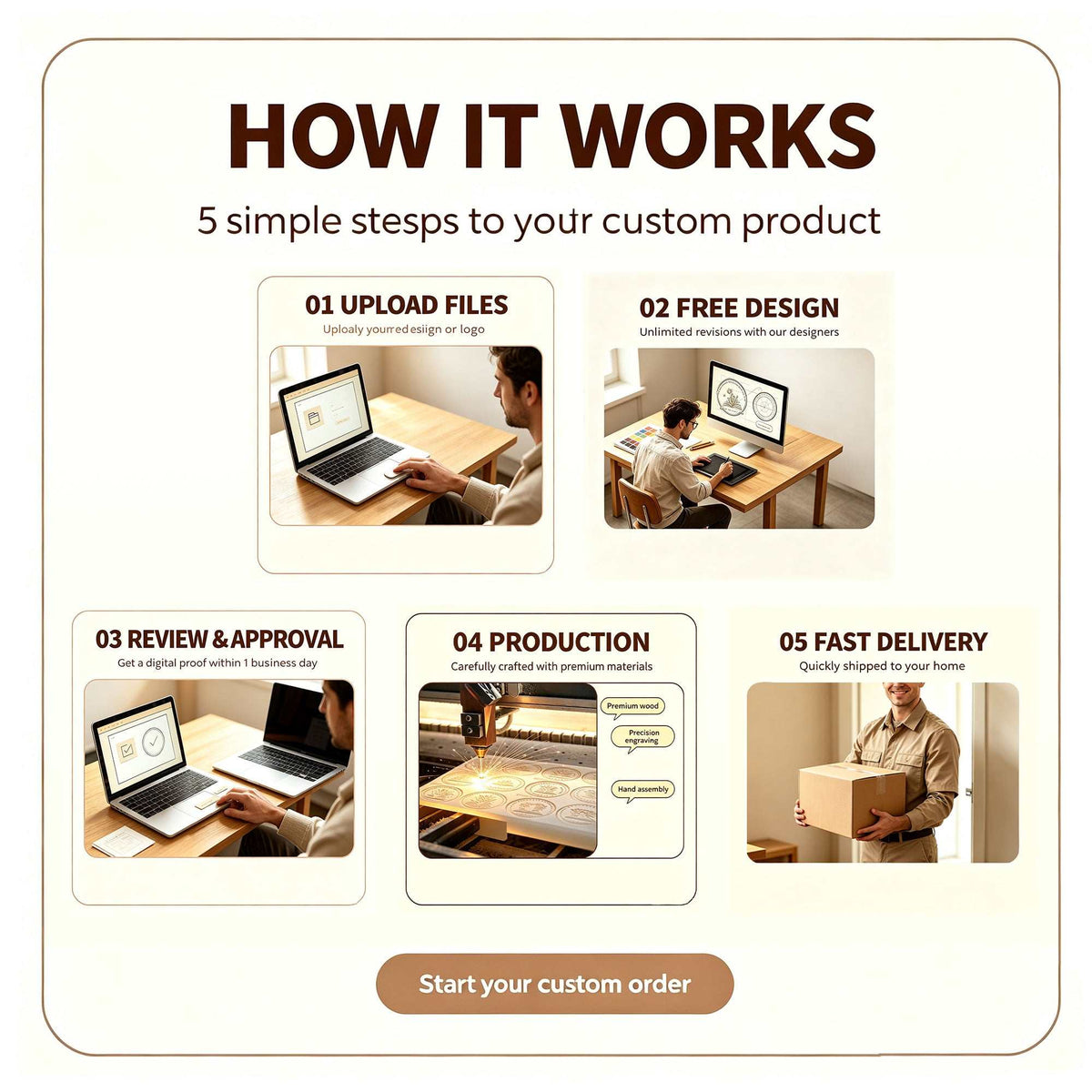 Custom DIY journal stamp with personalized artwork on wooden base for crafts and branding