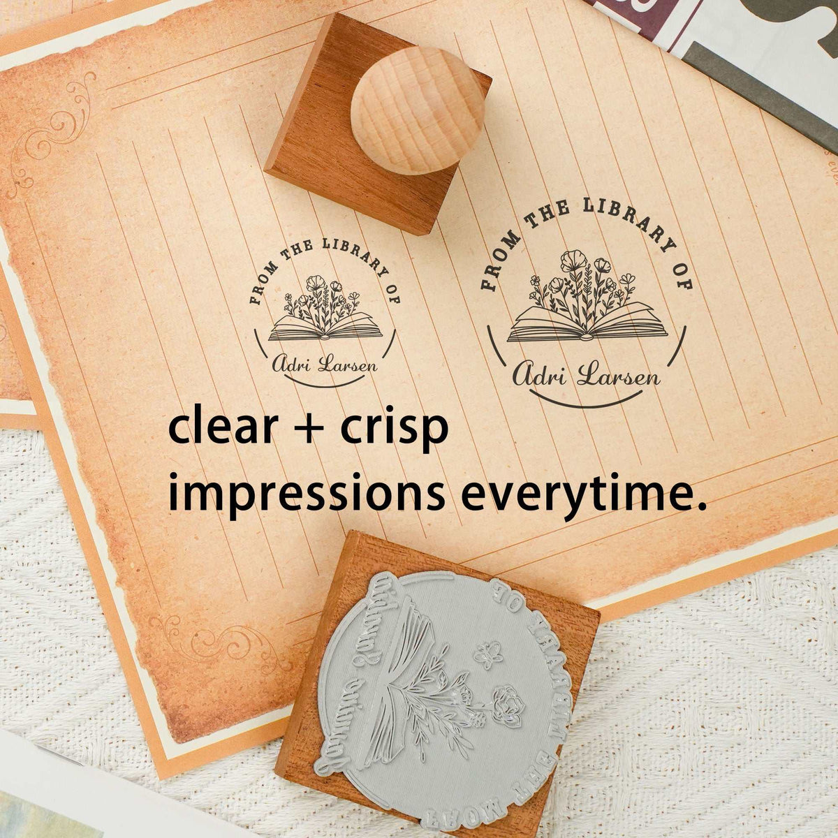 Custom collector rubber stamp with engraved maple wood base and personalized design options for crafts and branding