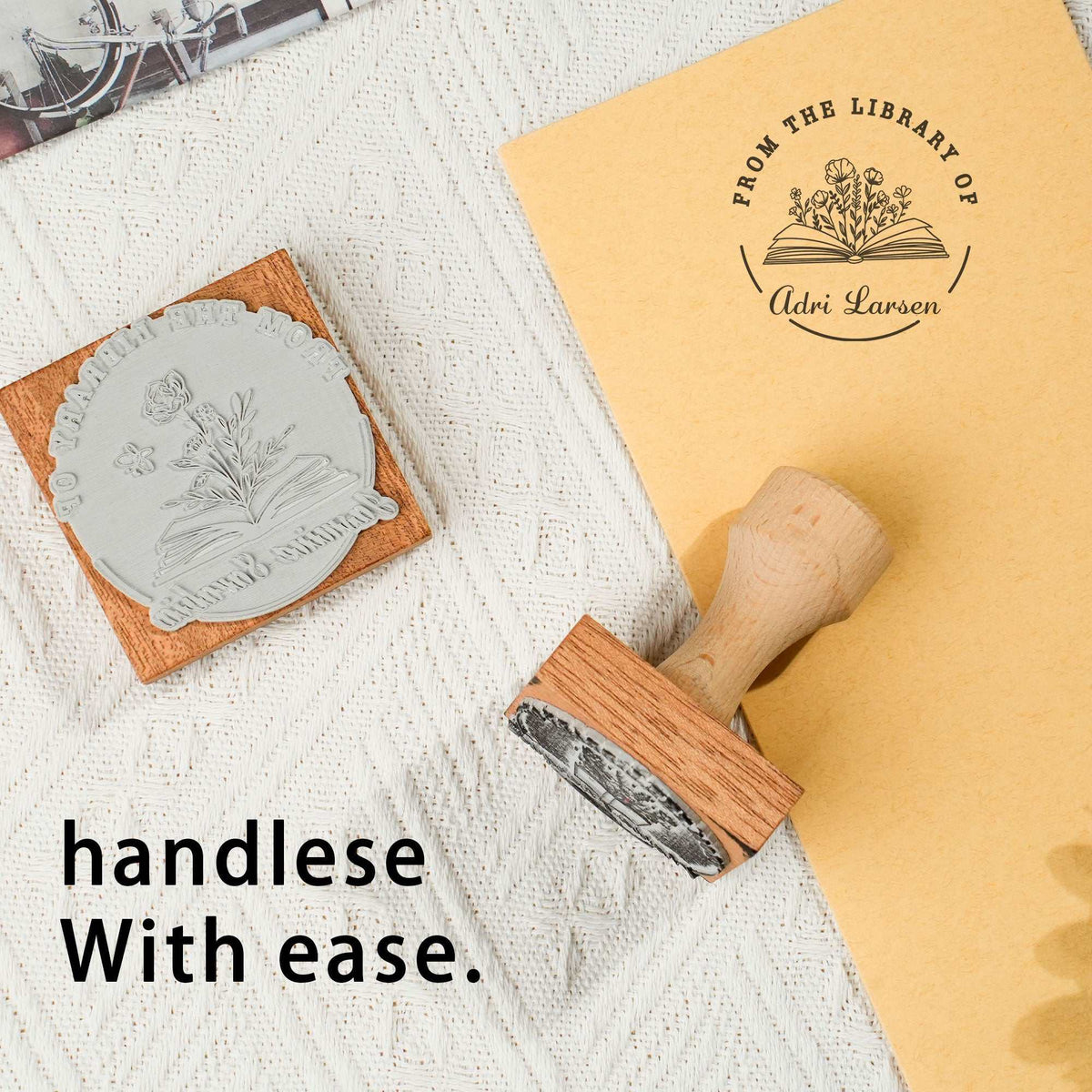 Custom collector rubber stamp with engraved maple wood base and personalized design options