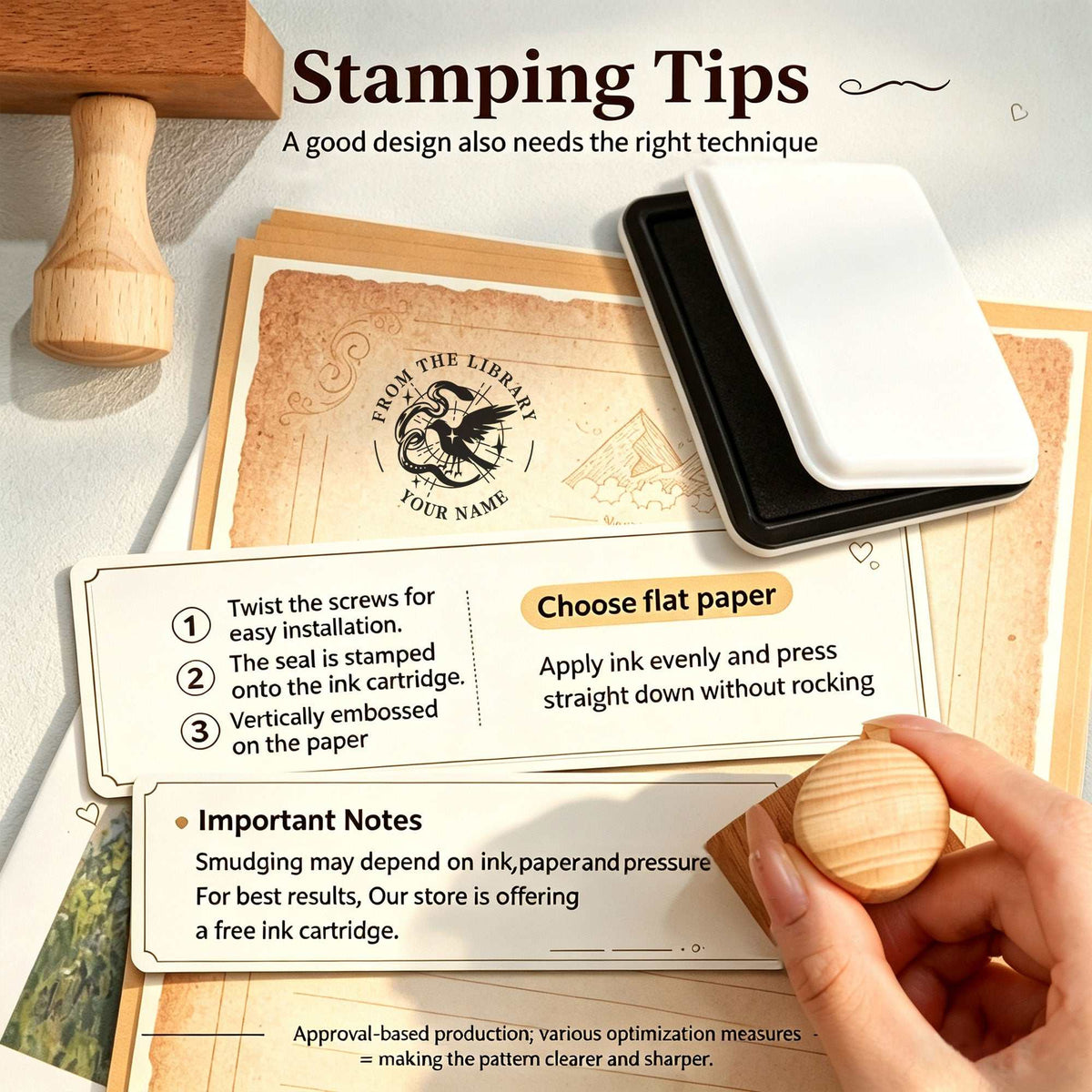 Custom DIY journal stamp with wooden base and personalized design for crafts and branding