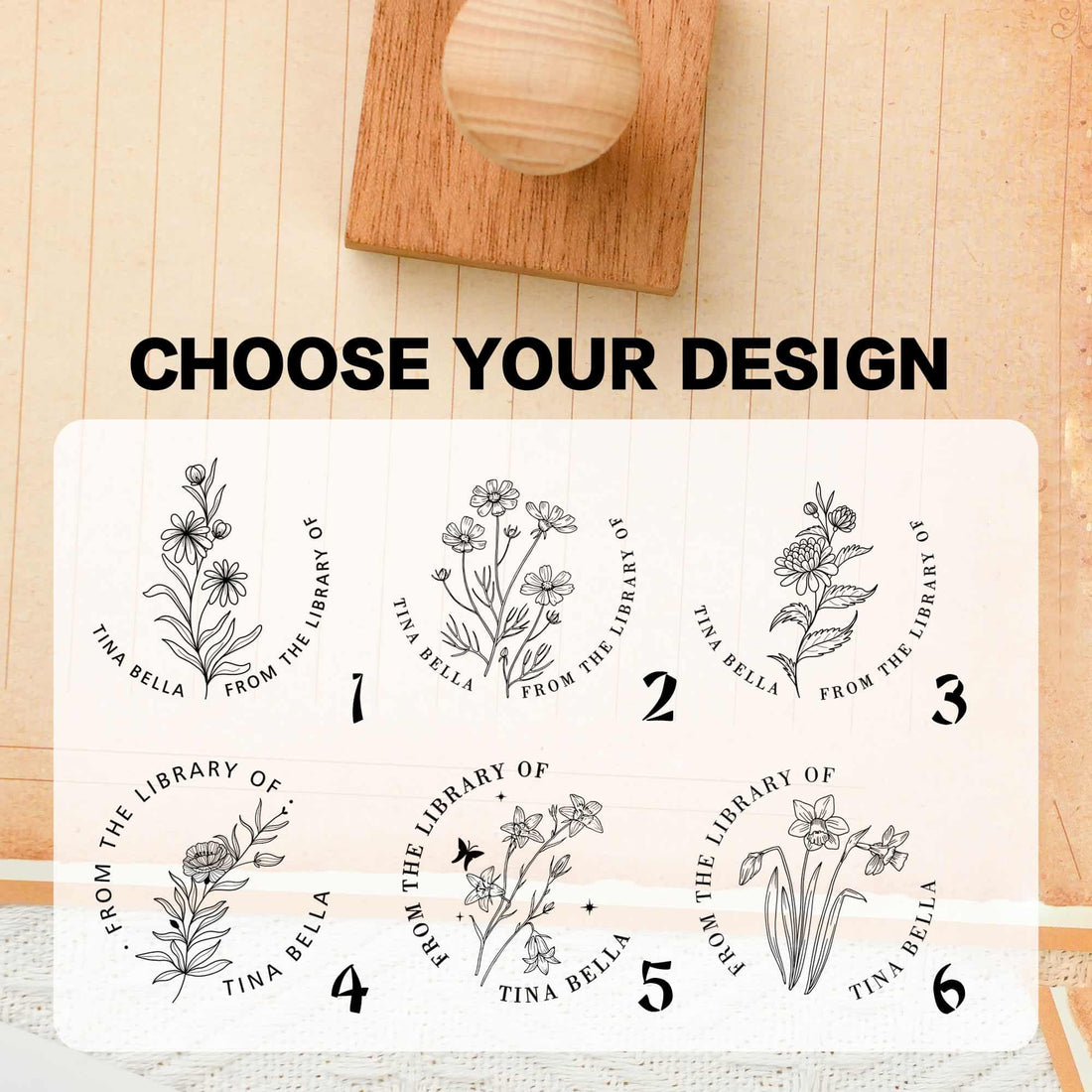Custom circular wood rubber stamp with wildflower design for crafting and branding