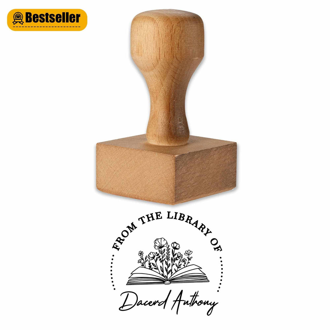Custom circular floral personalized wood stamp with engraved maple base and detailed rubber design