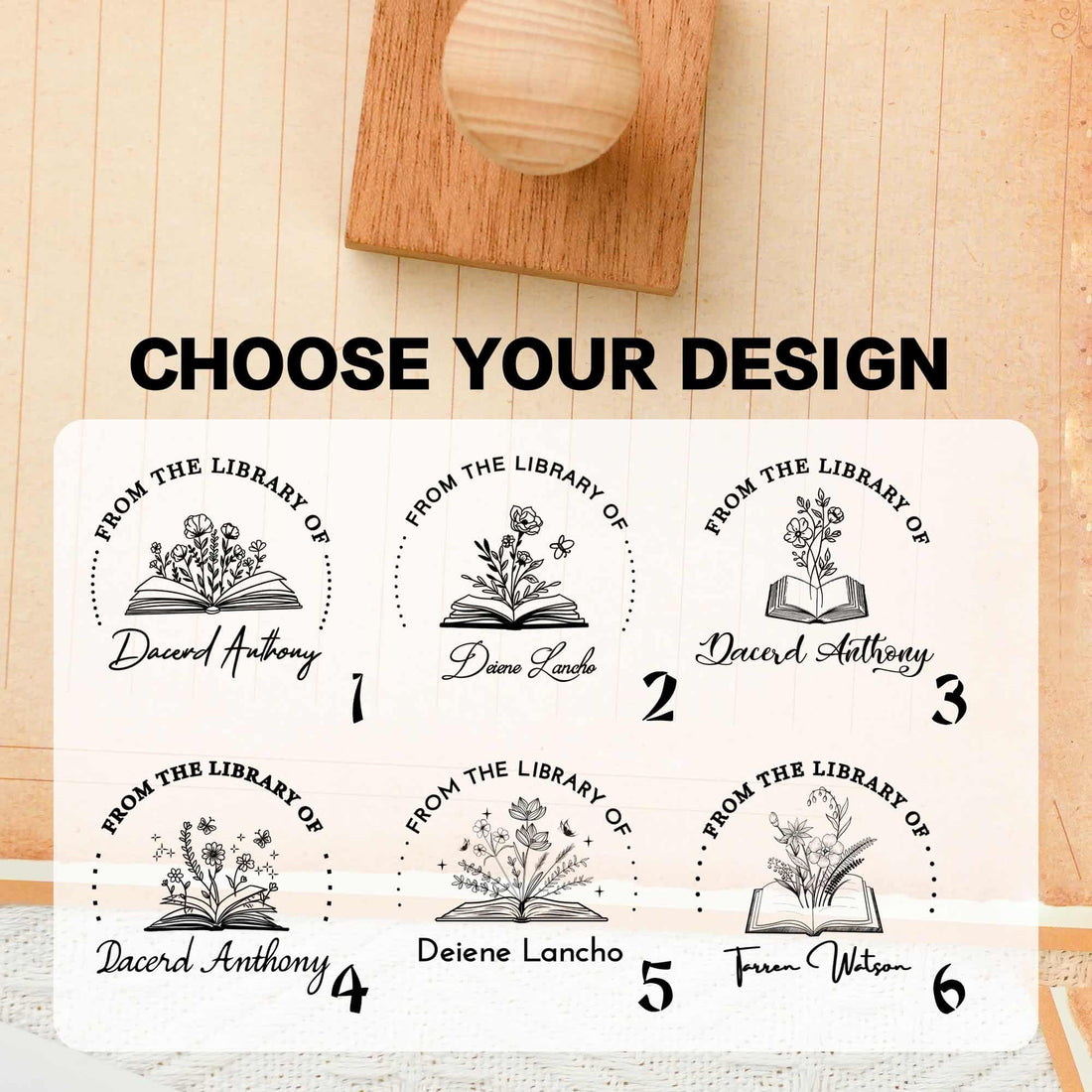 Custom circular floral personalized wood stamp with engraved maple base and detailed rubber design