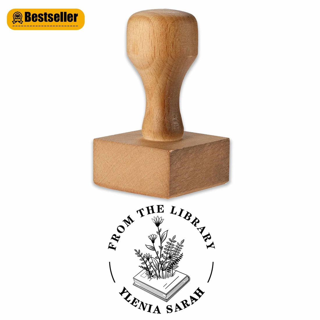 Custom circular wood rubber stamp with floral design from Library of Ex Libris, personalized wooden rubber stamp for crafts and branding
