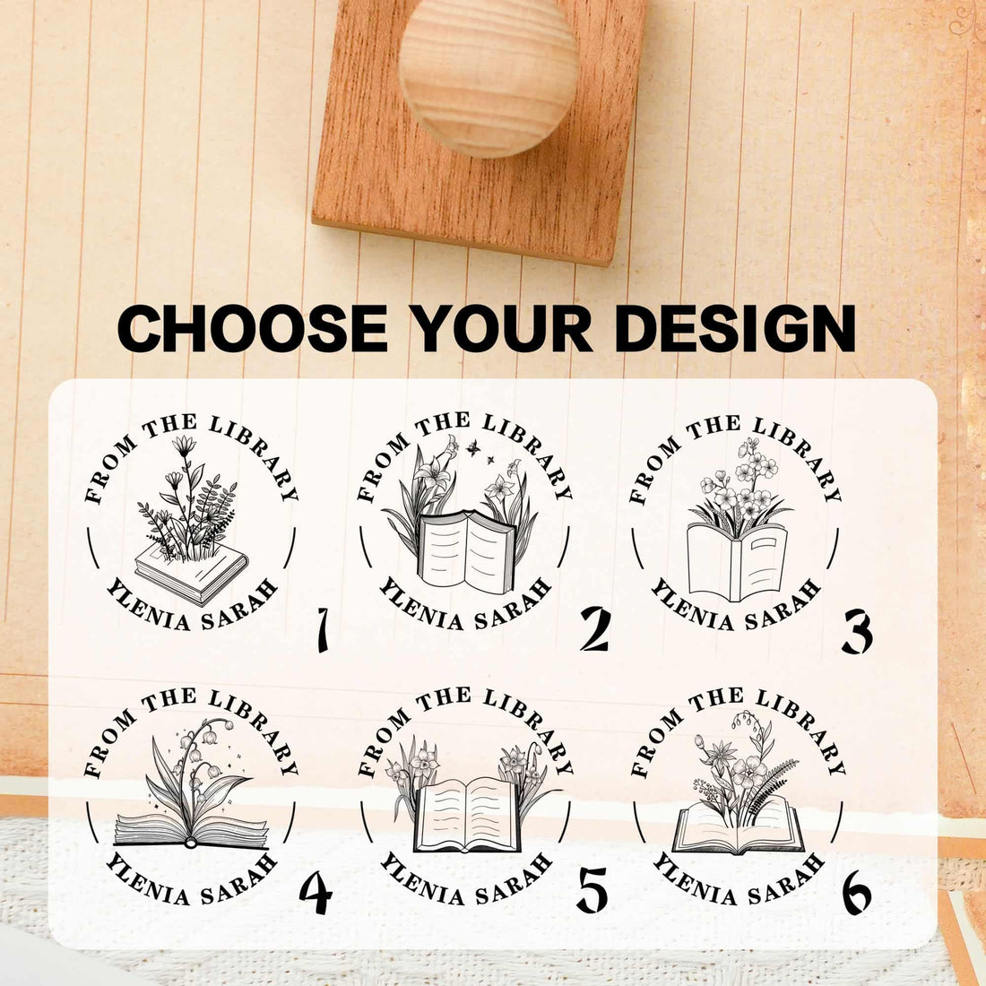 Custom circular wood rubber stamp with floral design from Library of Ex Libris, personalized wooden rubber stamp for crafts and branding