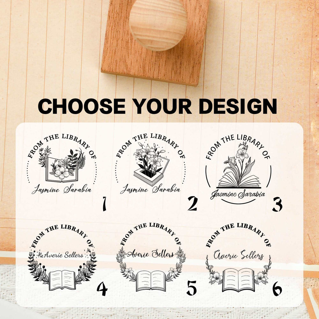 Custom nature art stamp made of maple wood with personalized design and sharp rubber impressions